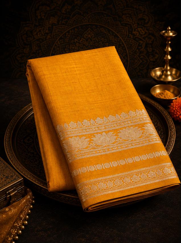 Mustard Bentex Tussar Silk Saree - Image 2